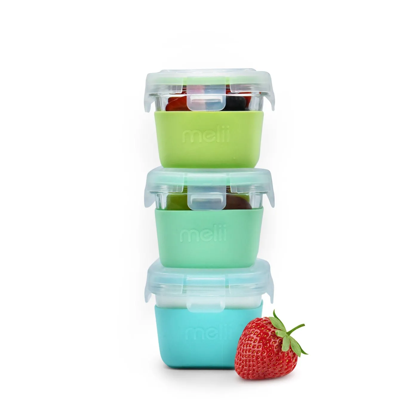 Set 3 recipiente sticla 3 160ml cu husa antiderapanta silicon melii blue mint lime [5]