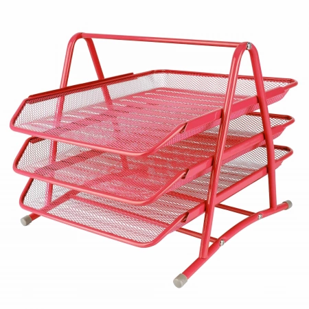 Articole pentru birou - Set 3 tavite birou metal plasa Mas Rosu