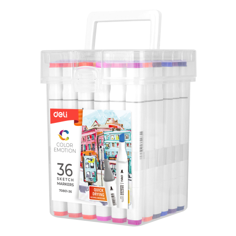 Set 36 markere sketching varf dublu 1mm/7mm cutie plastic deli [1]