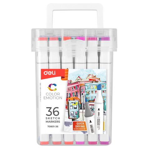 Birotică și Papetărie - Set 36 markere sketching varf dublu 1mm/7mm cutie plastic deli