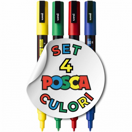 Carioci POSCA, Markere si Vopsea Acrilica - Set 4 Carioci POSCA, Marker 0.9 - 1.3 mm, PC-3M, Rosu, Galben, Albastru si Verde