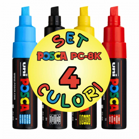 Rezerve acrilice și reutilizabile - Set 4 Carioci POSCA cu Varf Tesit, Marker 8 MM, PC-8K