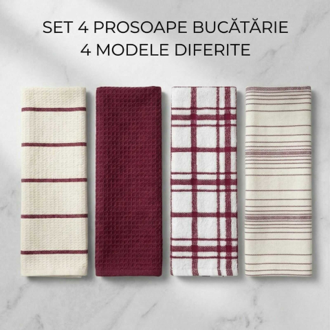 Prosoape de hartie si servetele - Set 4 Prosoape Bucatarie Bumbac 30x55 cm Wine, Absorbante, OEKO TEX