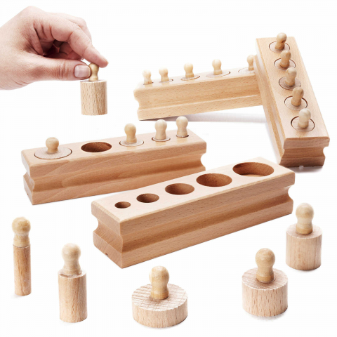Jucării Montessori si Activități - Cilindri Montessori din Lemn Natur, Set 4 Cilindrii cu Buton pentru Motricitate