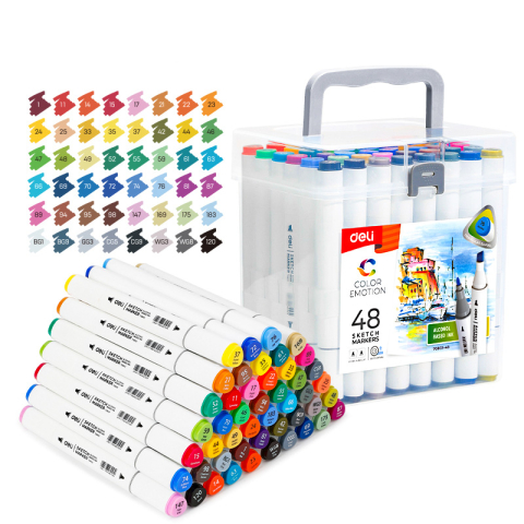 Birotică și Papetărie - Set 48 markere sketching varf dublu rotund 1mm/tesit 7mm cut plastic color emotion deli