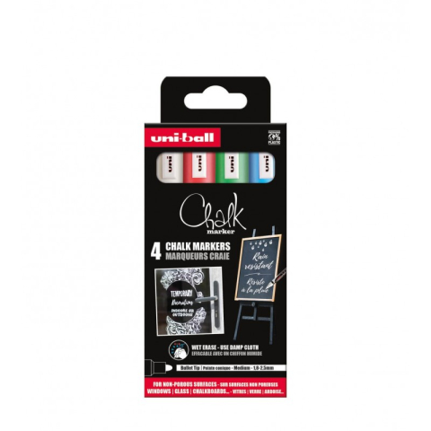 Rechizite Școlare - Set 4x Marker cu creta UNI Chalk PWE-5M ASSF15, 1.8-2.5mm, albastru, verde, rosu, alb