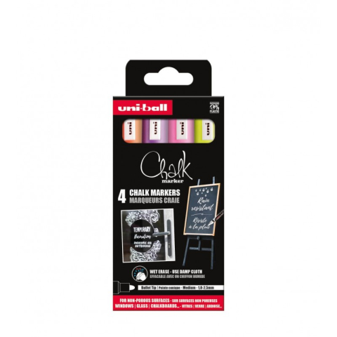 Rechizite Școlare - Set 4x Marker cu creta UNI Chalk PWE-5M ASSF16, 1.8-2.5mm, galben, roz, violet, portocaliu