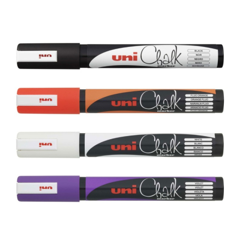 Set 4x Marker cu creta UNI Chalk PWE-5M Halloween ASSF61, 1.8-2.5mm, portocaliu fluorescent, violet, negru, alb [1]