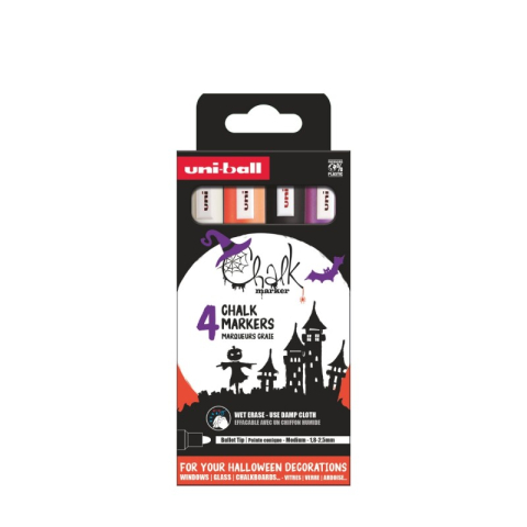 Rechizite Școlare - Set 4x Marker cu creta UNI Chalk PWE-5M Halloween ASSF61, 1.8-2.5mm, portocaliu fluorescent, violet, negru, alb