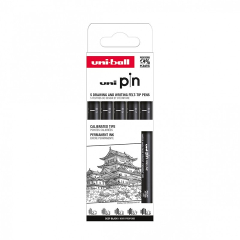 Jucării și Jocuri pentru copii - Set 5x Liner UNI PIN-200 ASP008, pe baza de apa, varf 0.1-0.9mm, negru