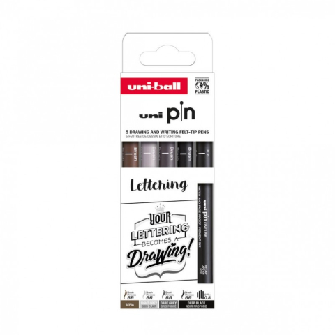 Art & Craft si Artizanat - Set 5x Liner UNI PIN-200 ASP012, pe baza de apa, varf 0.8mm + pensula, negru, gri deschis, gri inchis, sepia