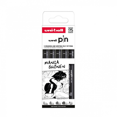 Art & Craft si Artizanat - Set 5x Liner UNI PIN-200 ASP013, pe baza de apa, varf 0.05-1.2mm + pensula, negru