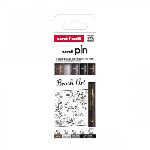 Art & Craft si Artizanat - Set 5x Liner UNI PIN-200 ASP014, pe baza de apa, varf pensula + pensula extra-fin, negru, gri deschis, gri inchis, sepia