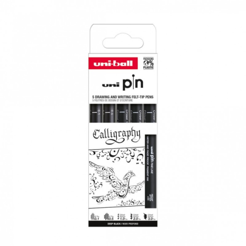 Jucării și Jocuri pentru copii - Set 5x Liner UNI PIN-200 ASP015, pe baza de apa, varf 0.1-0.5mm + tesit 1.0-3.0mm, negru