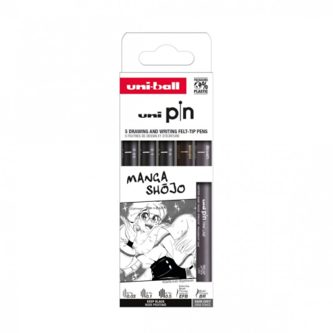 Art & Craft si Artizanat - Set 5x Liner UNI PIN-200 ASP016, pe baza de apa, varf 0.03-0.5mm + pensula + pensula extra-fin, negru, gri inchis