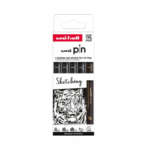 Art & Craft si Artizanat - Set 5x Liner UNI PIN-200 ASP017, pe baza de apa, varf 0.4-1.2mm + pensula + pensula extra-fin, negru