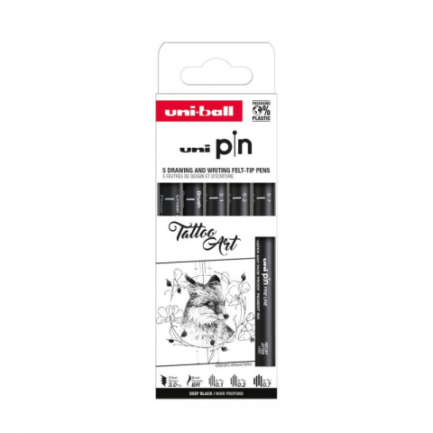 Art & Craft si Artizanat - Set 5x Liner UNI PIN-200 ASP018, pe baza de apa, varf 0.4-1.2mm + pensula + tesit 3.0mm, negru