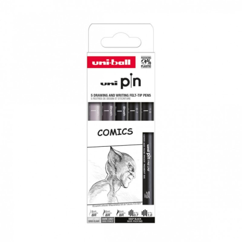 Art & Craft si Artizanat - Set 5x Liner UNI PIN-200 ASP019, pe baza de apa, varf 0.7-1.0mm + pensula, negru, gri deschis, gri inchis