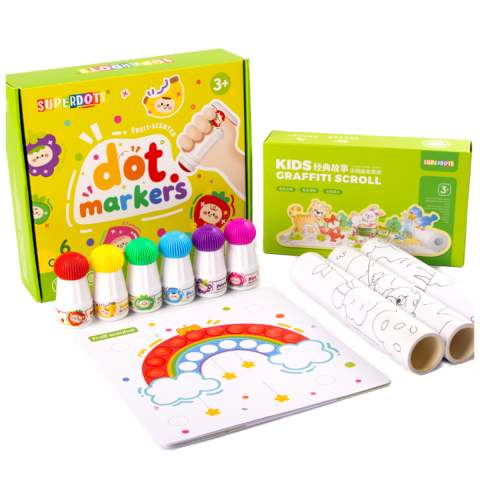 Carioci Do a Dot - Set 6 Carioci Do a Dot cu Parfum Fructat, Markere Lavabile, 25ml, Varf 18mm, Include 12 Carduri si 3 Role Desen