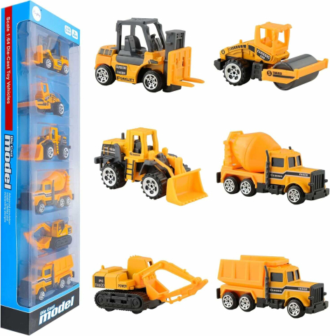 Jucării și Jocuri pentru copii - Set utilaje constructii copii, 6 vehicule santier, excavator, buldozer, scara 1:64