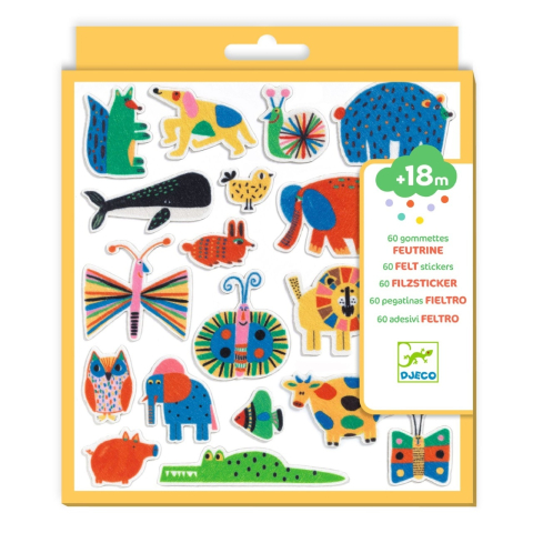 Art & Craft si Artizanat - Set 60 stickere din fetru - Animale Vesele, Djeco Baiat, Fata, varsta 3 - 6 ani, 6 - 9 ani
