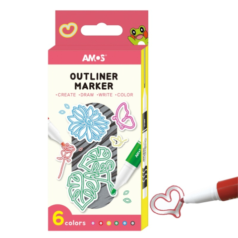 Art & Craft si Artizanat - Set 6x Marker Outliner Amos, pe baza de alcool, varf rotund, argintiu cu contur colorat