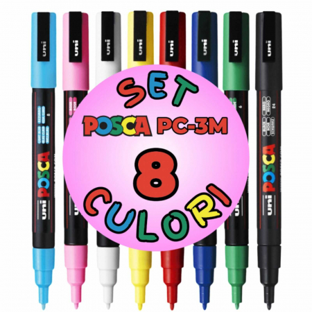 Culori acrilice - Set 8 Carioci POSCA, Marker 0.9-1.3 mm, PC-3M - Micostore.ro