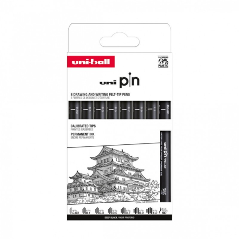 Art & Craft si Artizanat - Set 8x Liner UNI PIN-200 ASP010, pe baza de apa, varf 0.03-1.2mm + pensula, negru