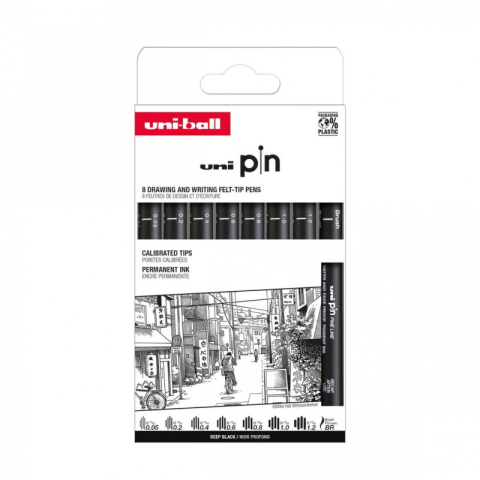 Art & Craft si Artizanat - Set 8x Liner UNI PIN-200 ASP011, pe baza de apa, varf 0.05-1.2mm + pensula, negru