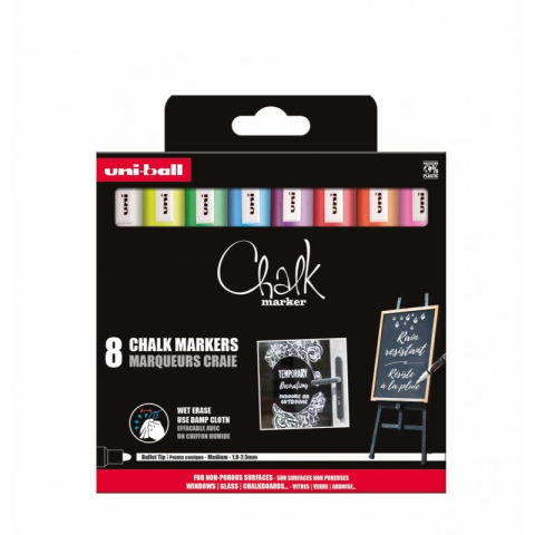 Rechizite Școlare - Set 8x Marker cu creta UNI Chalk PWE-5M, 1.8-2.5mm, alb, galben, verde, albastru, violet, rosu, portocaliu, roz