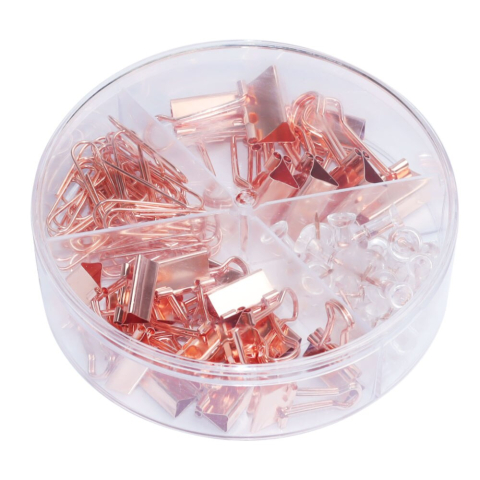 Set accesorii birou (agrafe, clipsuri, pioneze) auriu deli [1]