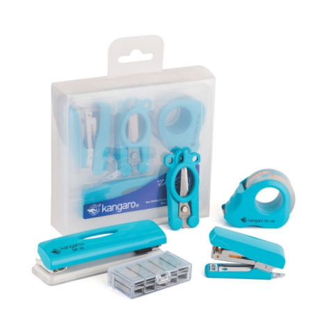 Articole pentru birou - Set birou Kangaro DE-Mini-10 - capsator, perforator, capse, dispenser banda adeziva, foarfeca
