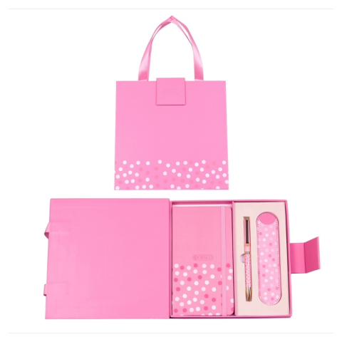 Birotică și Papetărie - Set cadou pix roz + agenda mate A6 + etui Cresco Classic PREMIUM  851001, cutie buline roz magnet