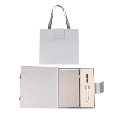 Rechizite Școlare - Set cadou stilou alb/auriu + agenda mate A6 Cresco Classic Premium 8300222 CL-06, cutie argintie magnet