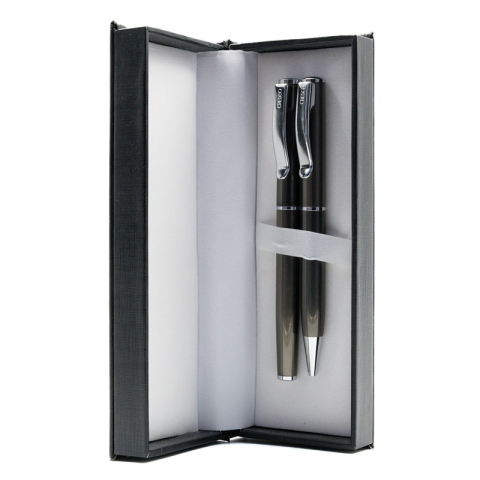 Pixuri pentru Copii si Scoala - Set cadou stilou + pix Cresco Classic 830019 CL-01, corp metalic grafit clips argintiu
