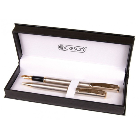 Birotică și Papetărie - Set cadou stilou + pix Cresco Classic 830019 CL-04, corp metalic argintiu clips auriu