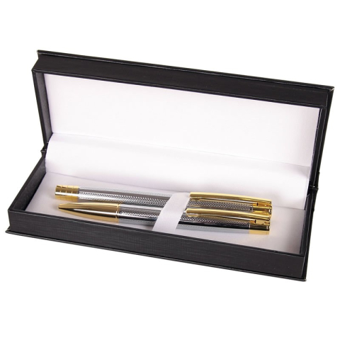 Birotică și Papetărie - Set cadou stilou + pix Cresco Elegant E850054, corp metalic argintiu clips auriu