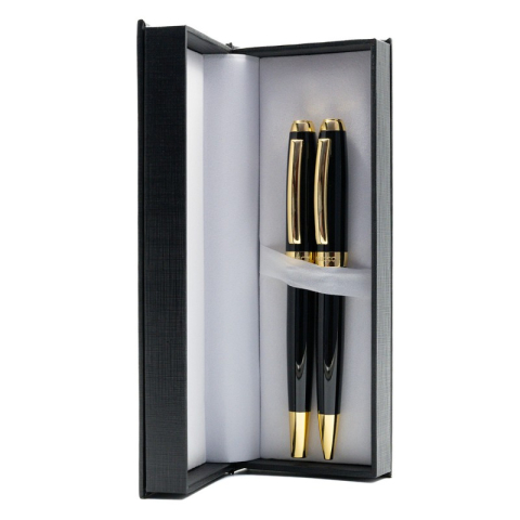 Birotică și Papetărie - Set cadou stilou + pix Cresco Symphony 850005 SY-03, corp metalic negru clips auriu