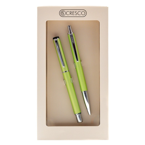 Birotică și Papetărie - Set cadou stilou + pix Cresco Winner 880059, corp metalic verde pastel clips argintiu