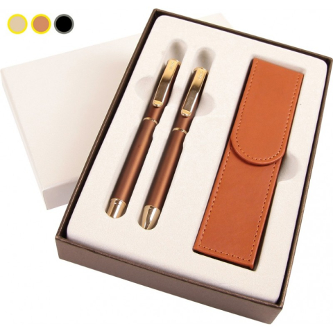 Birotică și Papetărie - Set cadou stilou + pix + etui Cresco Exclusive S 830147 ES-01, corp metalic argintiu