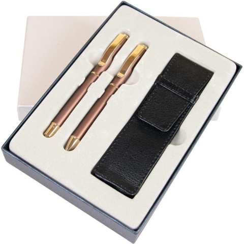 Birotică și Papetărie - Set cadou stilou + pix + etui Cresco Exclusive S 830147 ES-02, corp metalic bronz