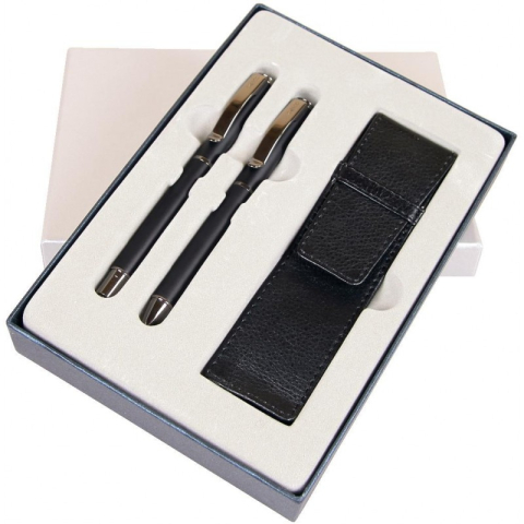 Pixuri pentru Copii si Scoala - Set cadou stilou + pix + etui Cresco Exclusive S 830147 ES-03, corp metalic negru