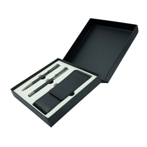Birotică și Papetărie - Set cadou stilou + pix + etui Office-Cover, metalic, negru cu argintiu  clips agrafa, cutie cadou