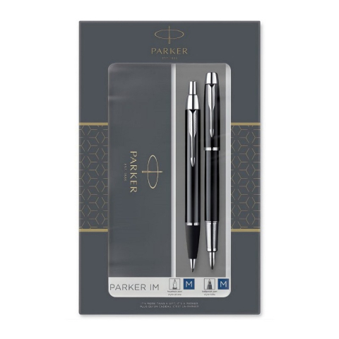 Birotică și Papetărie - Set cadou stilou + pix Parker IM Royal 2093215, corp metalic negru lucios CT