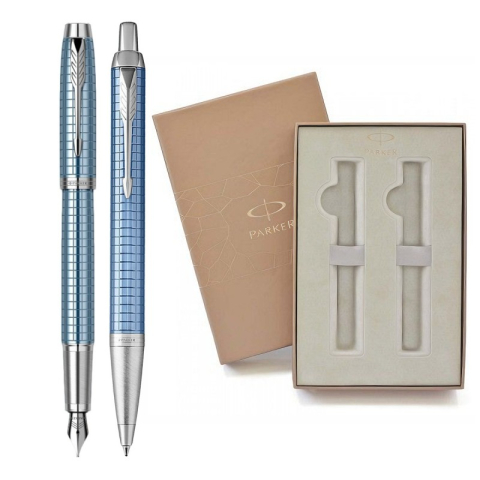 Birotică și Papetărie - Set cadou stilou + pix Parker IM Royal Premium, corp metalic albastru deschis