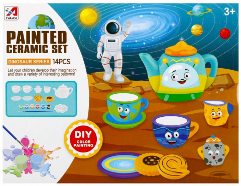 Figurine de pictat, Ipsos, Lemn - Set cesti si ceainic de pictat, set de ceai din ceramica pentru activitati creative ale copiilor, 14 buc