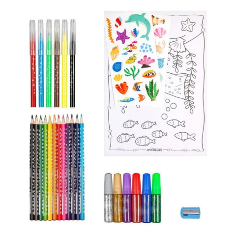 Set coloriaj Keyroad Ocean KR972879, 12x creioane colorate, 6x carioci, 10x coli A4, 36x stickere, 6x lipici, ascutitoare [3]