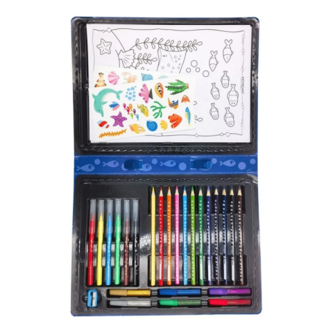 Set coloriaj Keyroad Ocean KR972879, 12x creioane colorate, 6x carioci, 10x coli A4, 36x stickere, 6x lipici, ascutitoare [1]