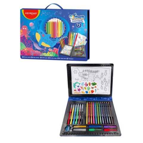 Rechizite Școlare - Set coloriaj Keyroad Ocean KR972879, 12x creioane colorate, 6x carioci, 10x coli A4, 36x stickere, 6x lipici, ascutitoare