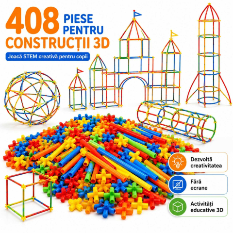 Jucării și Jocuri pentru copii - Set constructie copii 408 piese | paie si conectori | jucarie 3D STEM